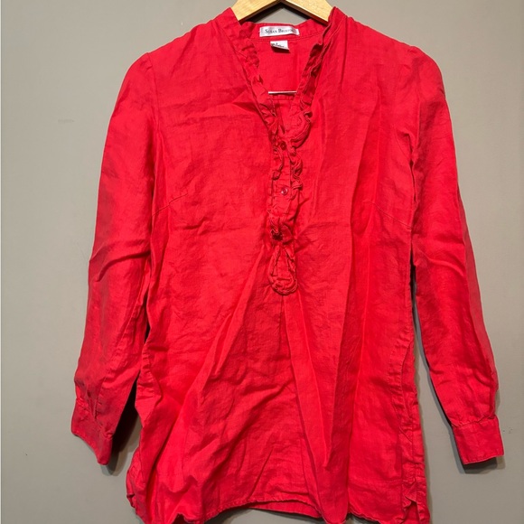 SUSAN BRISTOL 100% Linen Ruffle Front Detail Top - Picture 1 of 6